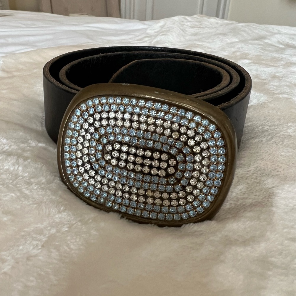 Elegant Black Belt with Crystal Embellished Buckle